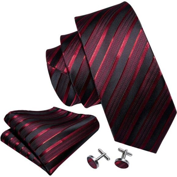Mens Stripe Tie Set with Cufflinks Pocket Square Formal Wedding Business Suit - Picture 2 of 7
